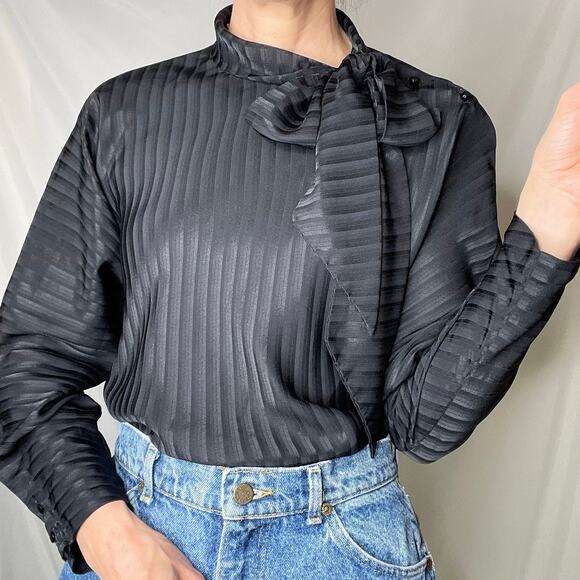 Vintage‎ 90s tie neck bow blouse black striped satin jacquard long sleeve M - Picture 14 of 16